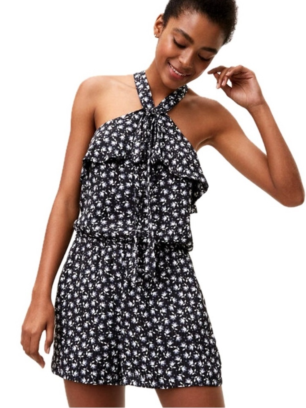 Ann Taylor LOFT Floral Bluebel Halter Romper Size XS Black Satin Ruffle Beachy